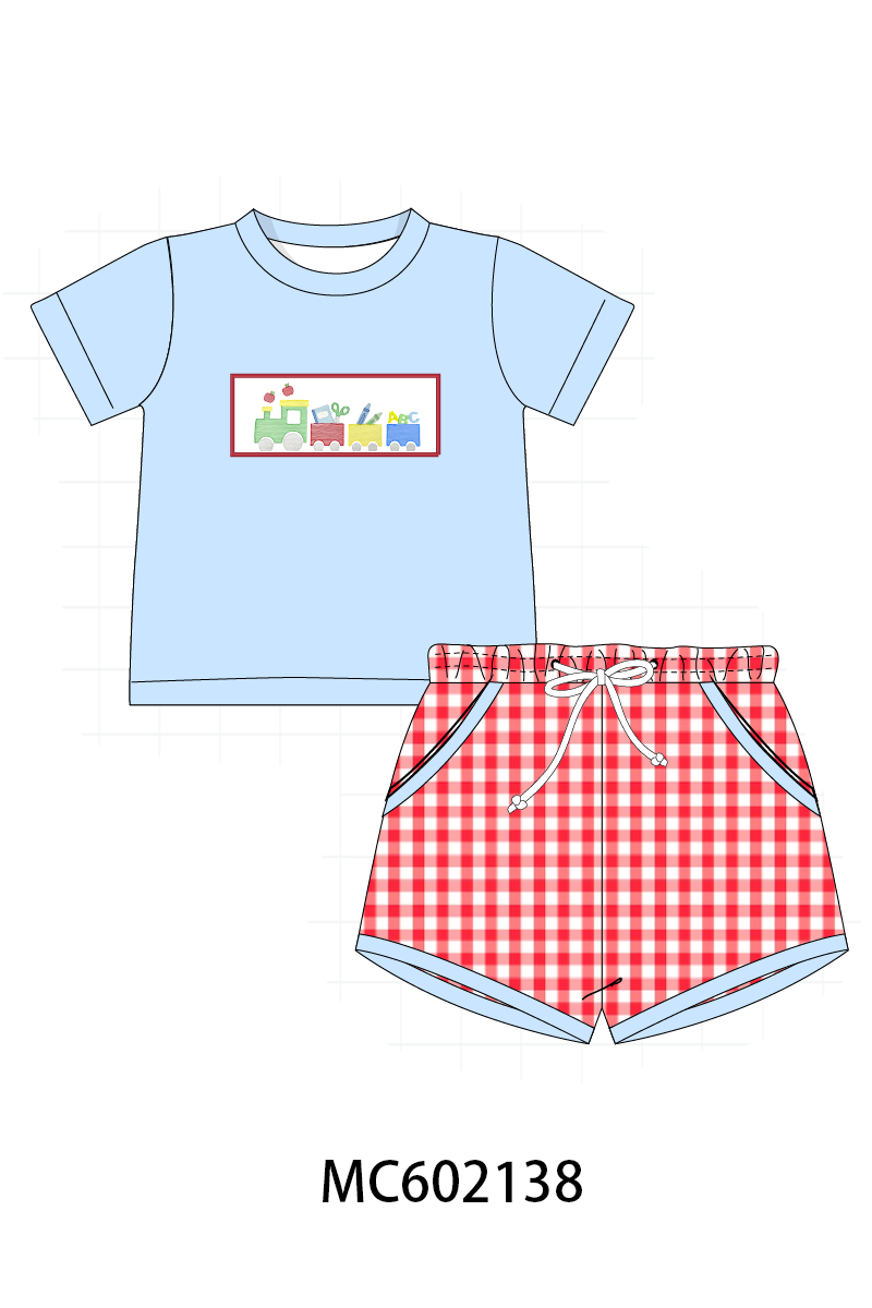 PO81 Pink&blue school train embroidery gingham collection