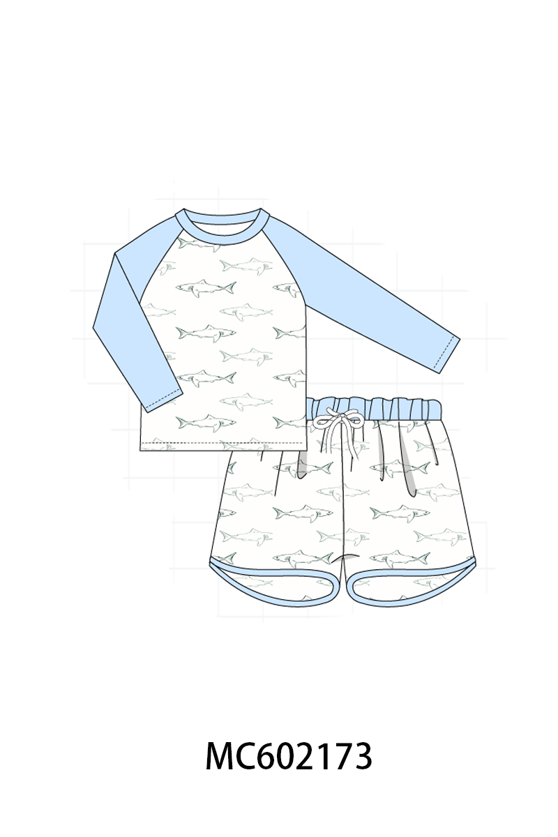 PO81 Blue sharks print boys swimsuit collection