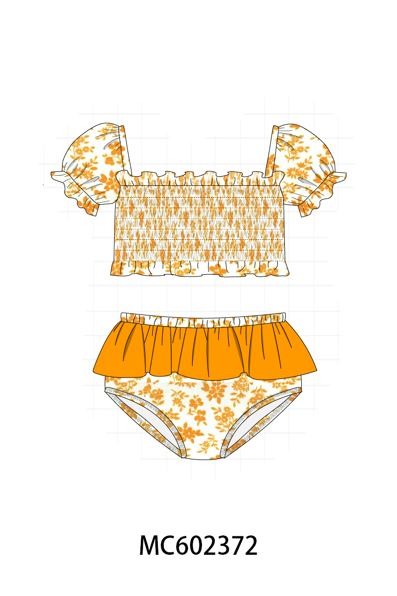 PO82 Orange Tennessee bow floral print ruffle swimsuit collection