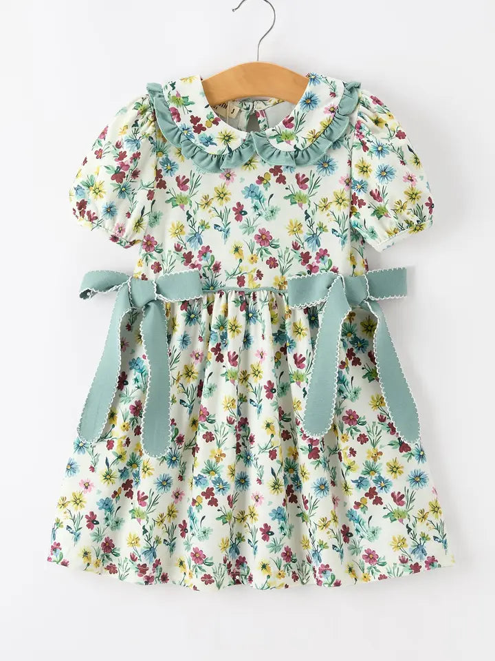 Green Floral Girls Outfit Set Ruffle Collar