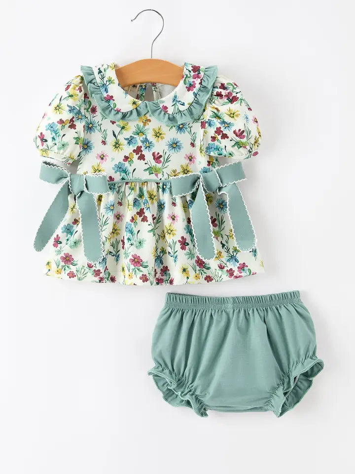 Green Floral Girls Outfit Set Ruffle Collar