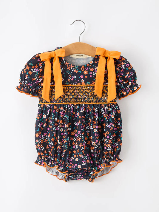 Fall Orange Bow Smocked Floral
