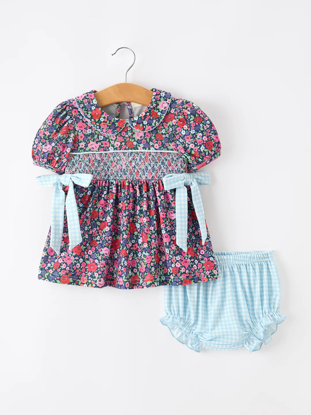 Blue Bow Smocked Floral Girl