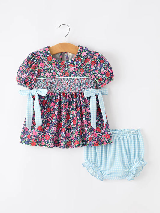 Blue Bow Smocked Floral Girl