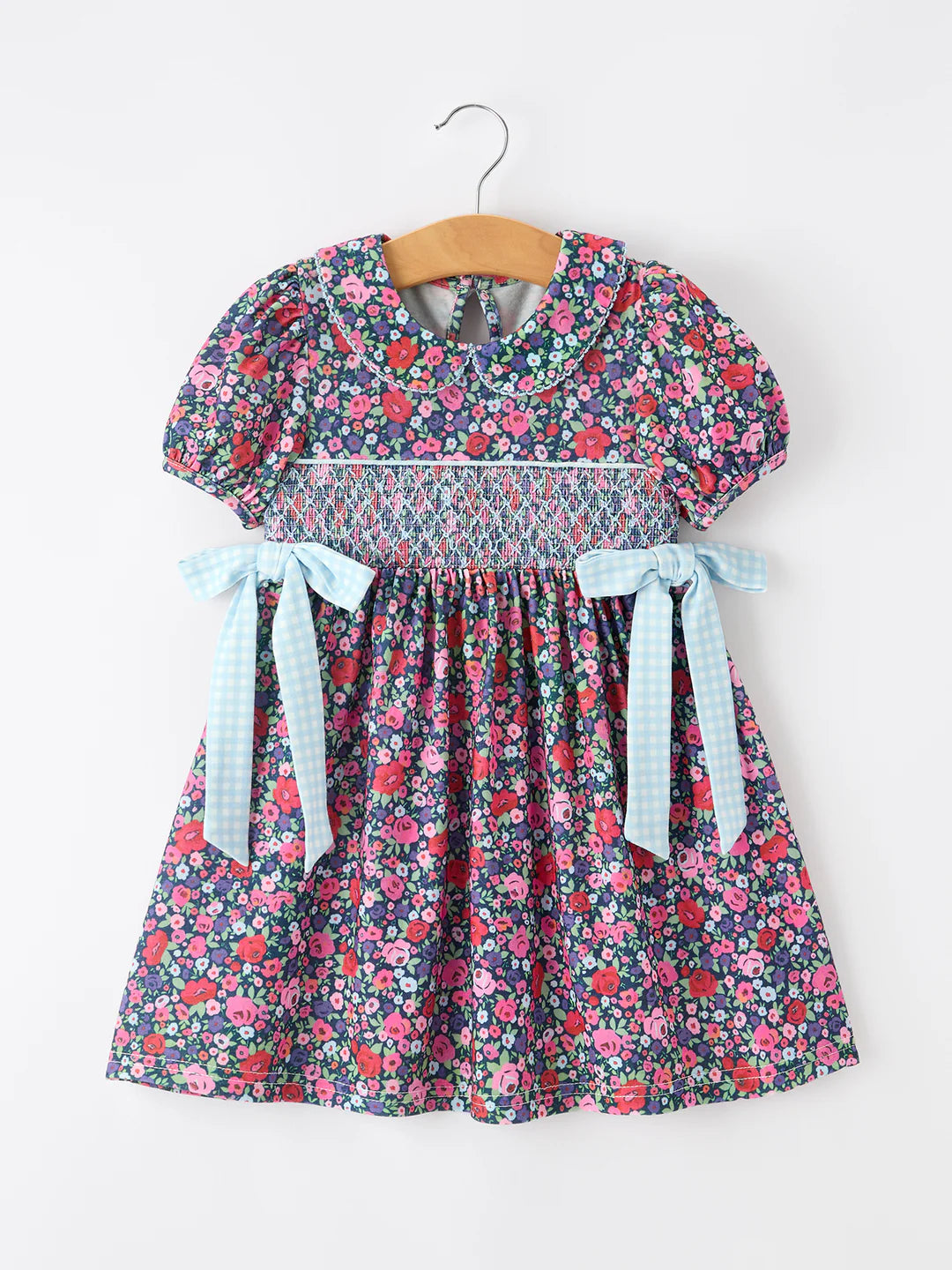 Blue Bow Smocked Floral Girl