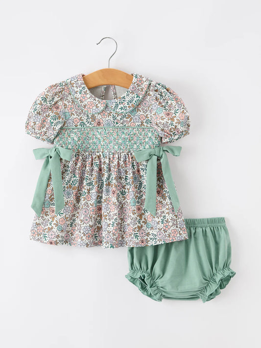 Sage Green Floral Smocked