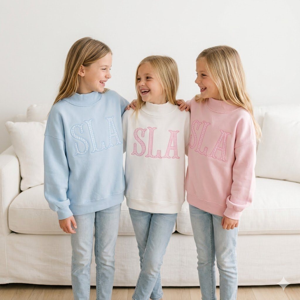 Girls Embroidered Mock Neck Sweatshirts; ETA: Late Oct, Early Nov