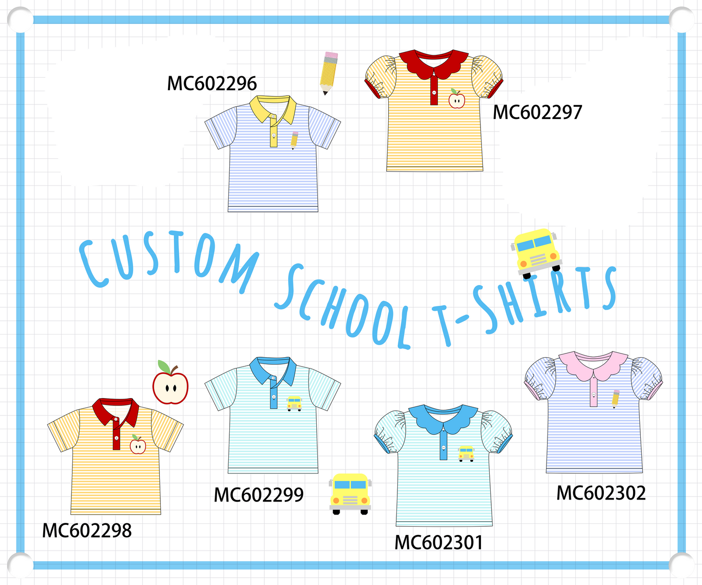 PO81 Back to school pencil apple bus embroidery stripe top collection
