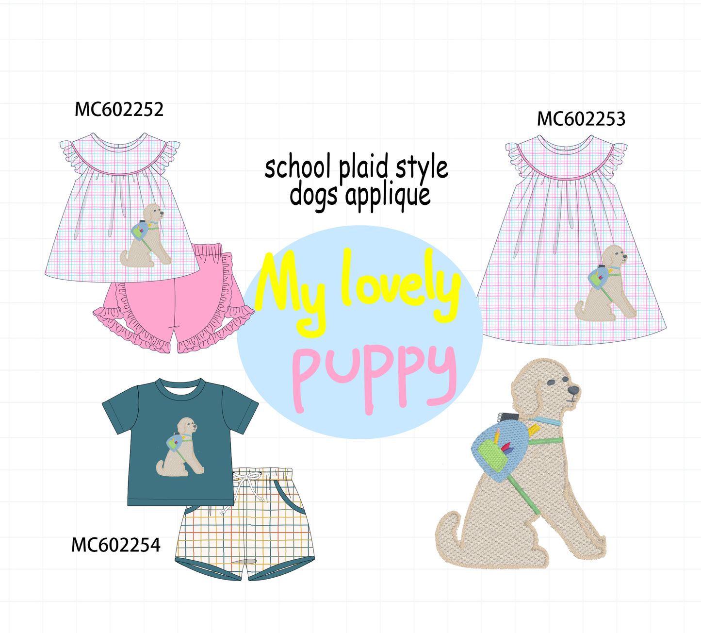 PO81 Back to school puppy applique plaid collection