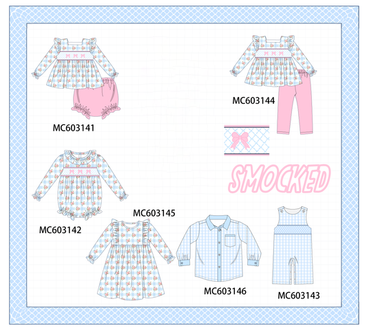 PO83 Blue bow smocked floral gingham collection