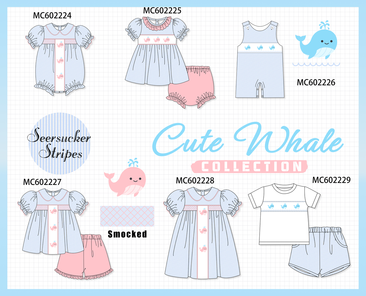 PO81 Blue stripe seersucker whale embroidery smocked collection
