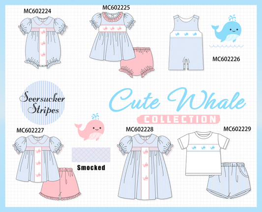 PO81 Blue stripe seersucker whale embroidery smocked collection