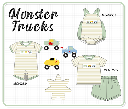 PO82 Green monster trucks embroidery stripe collection