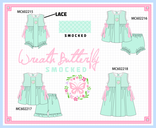 PO81 Green wreath butterfly smocked lace collection