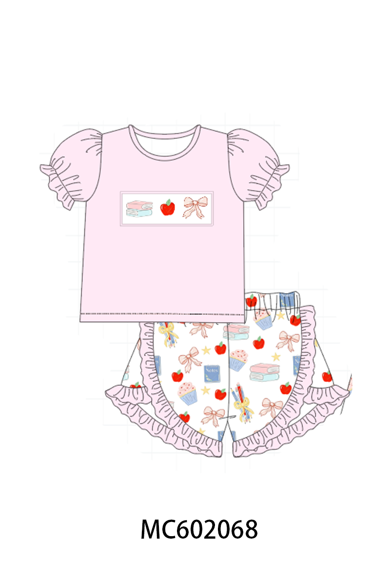 PO81 Pink back to school apple book bow embroidery collection