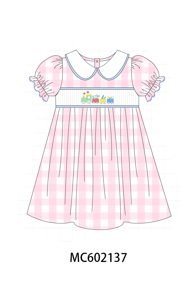 PO81 Pink&blue school train embroidery gingham collection