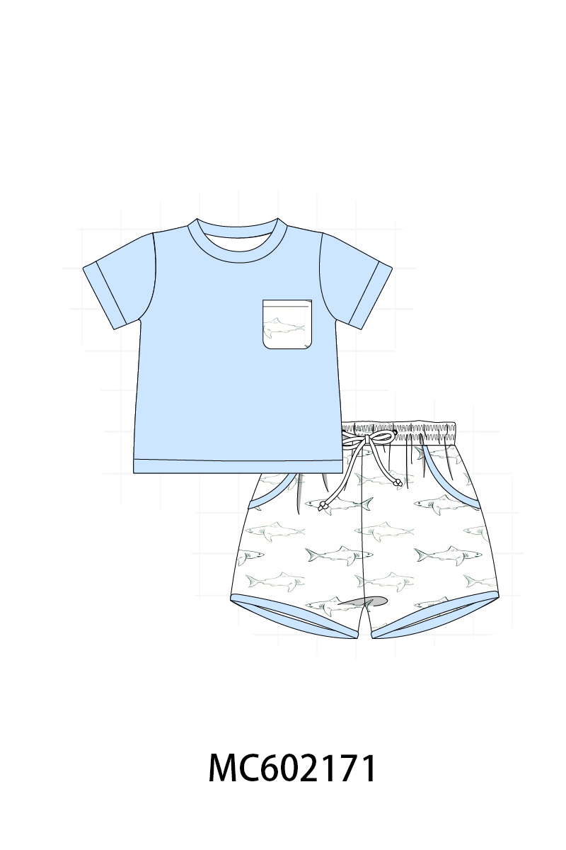 PO81 Blue sharks print boys swimsuit collection