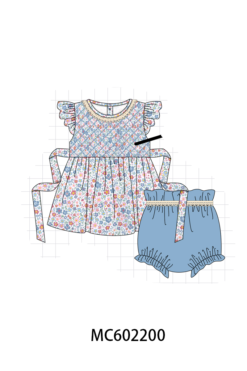 PO81 Blue floral smocked bow collection