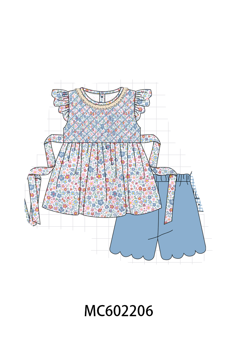 PO81 Blue floral smocked bow collection