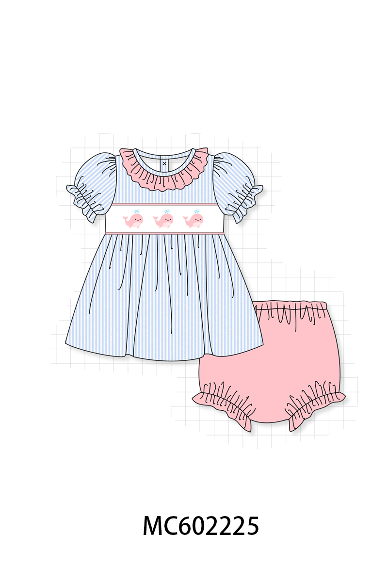 PO81 Blue stripe seersucker whale embroidery smocked collection