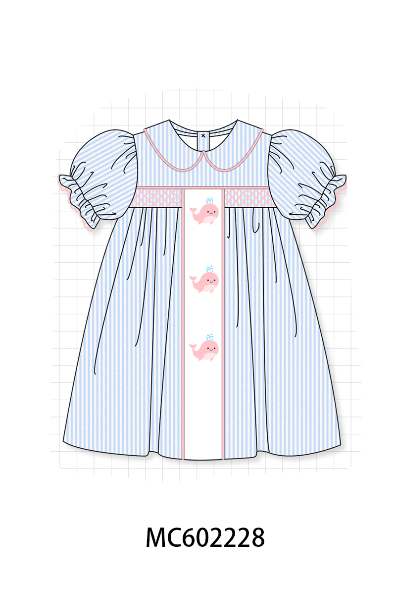 PO81 Blue stripe seersucker whale embroidery smocked collection