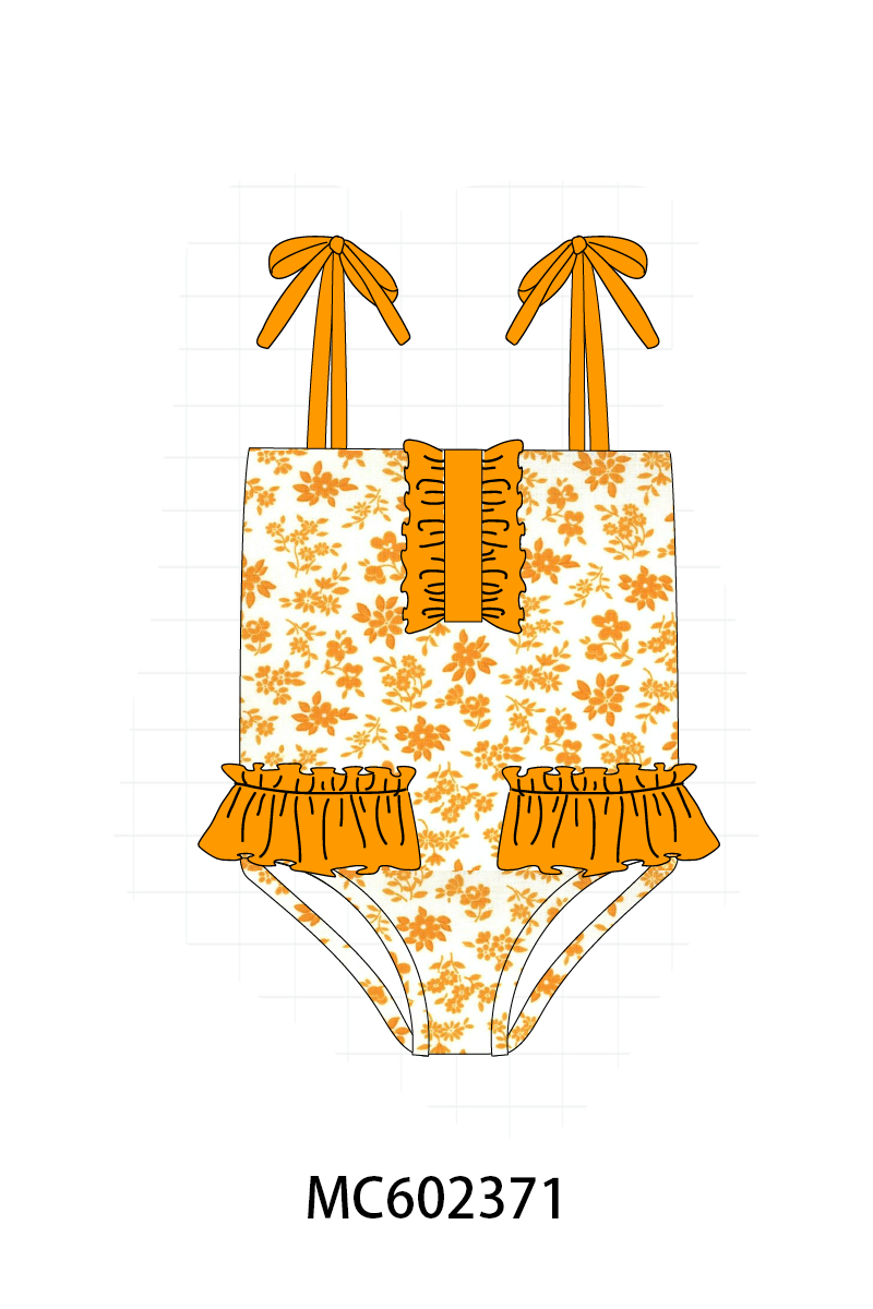 PO82 Orange Tennessee bow floral print ruffle swimsuit collection