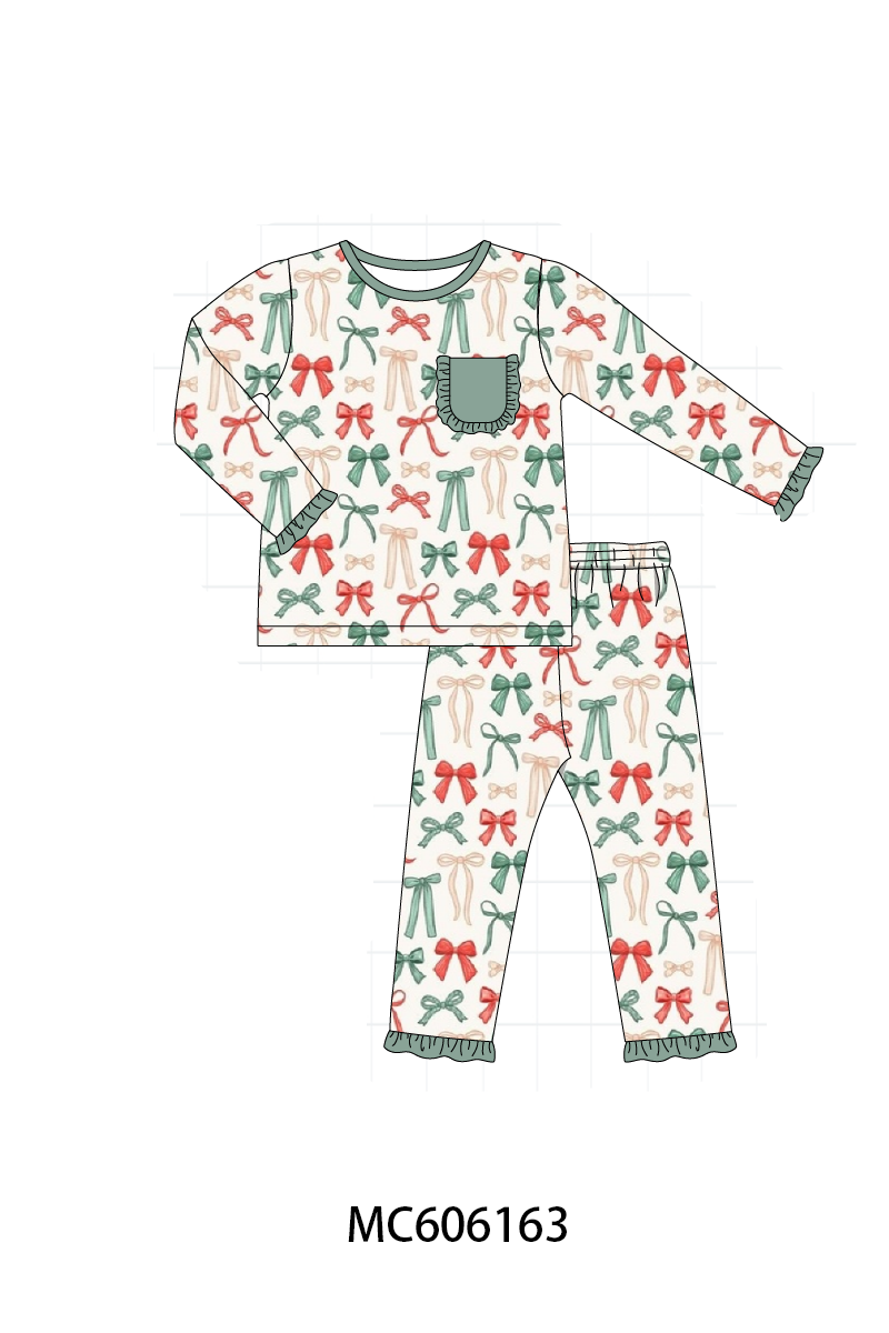 PO95 Green holiday bow print ruffle collection