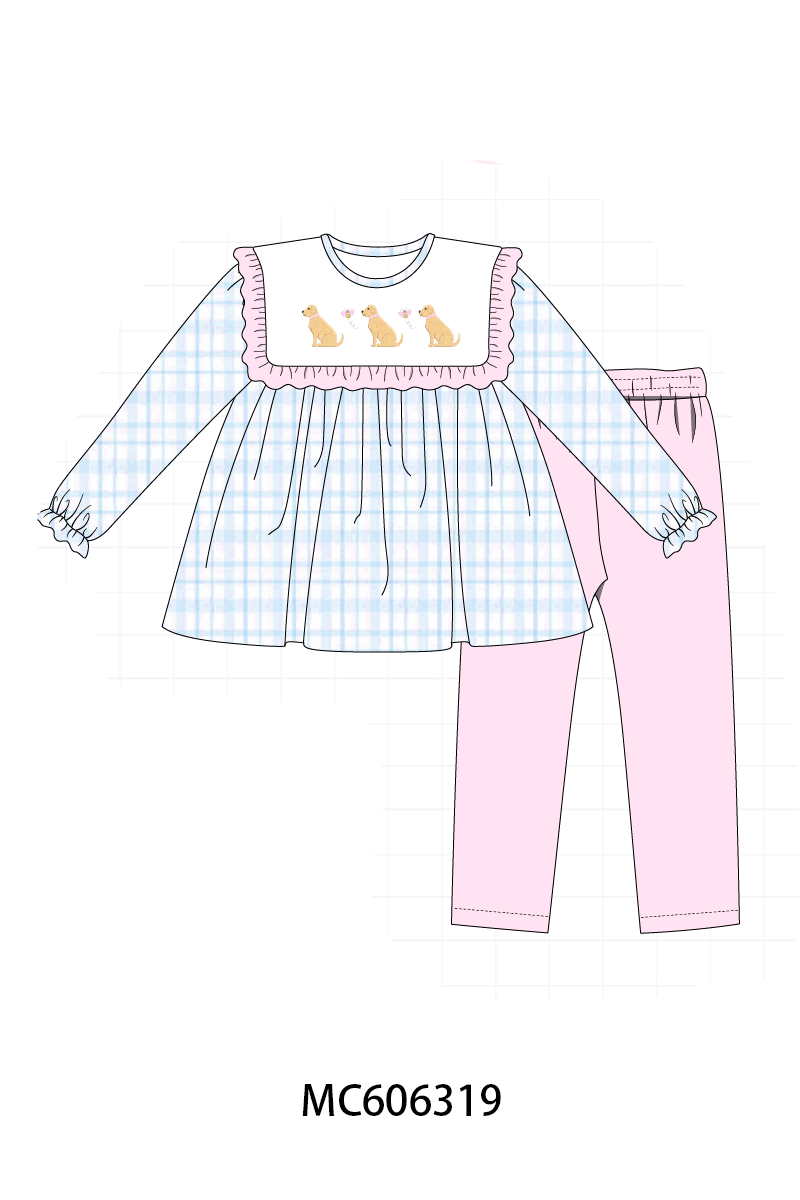 PO95 Blue puppy embroidery plaid collection