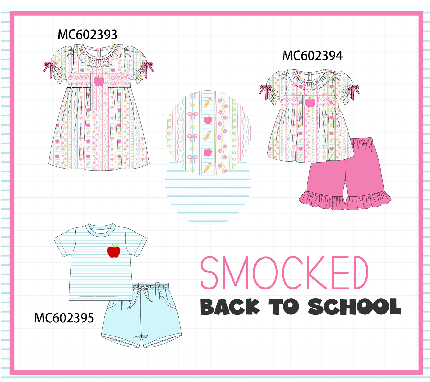 PO82 Pink&blue apple back to school smocked collection