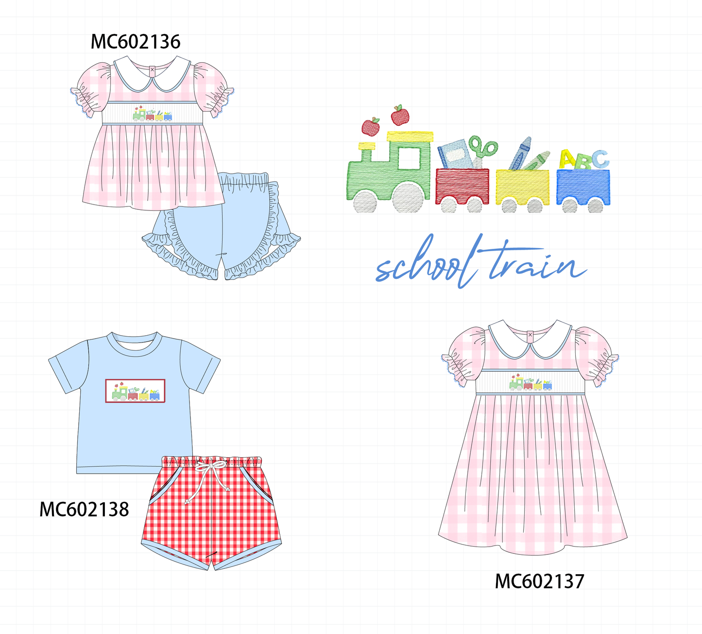PO81 Pink&blue school train embroidery gingham collection