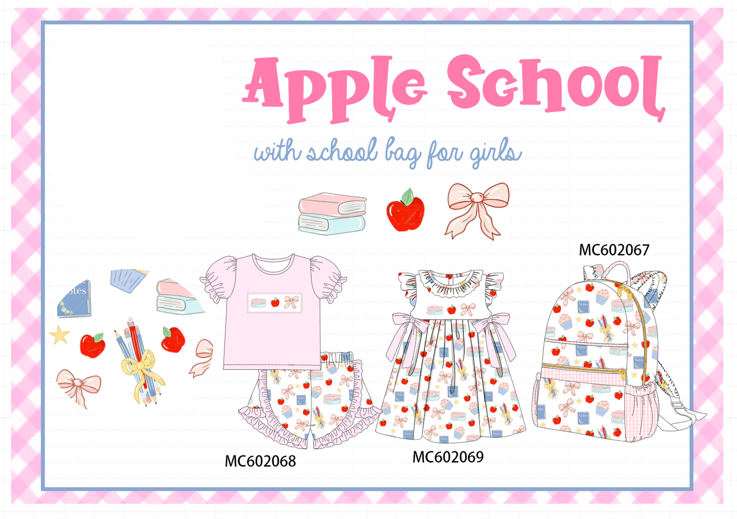 PO81 Pink back to school apple book bow embroidery collection