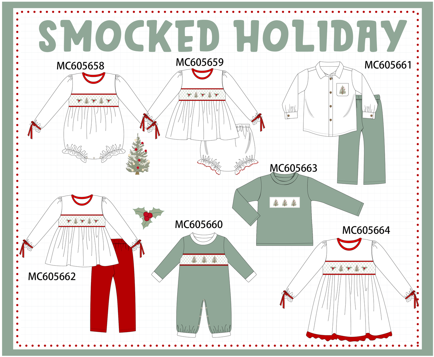 PO93 Red&sage christmas tree holly smocked collection
