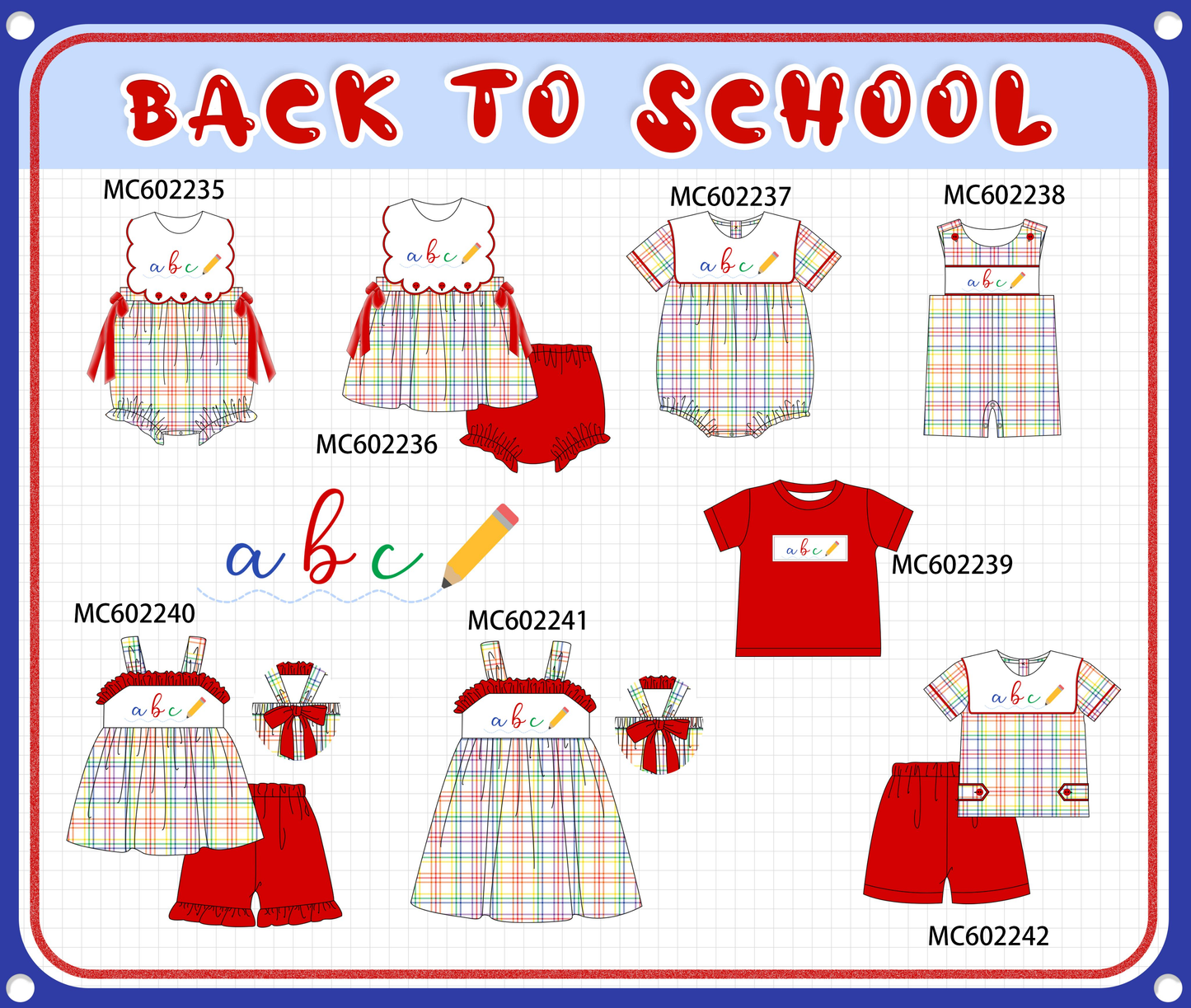 PO81 Red back to school pencil abc embroidery plaid collection