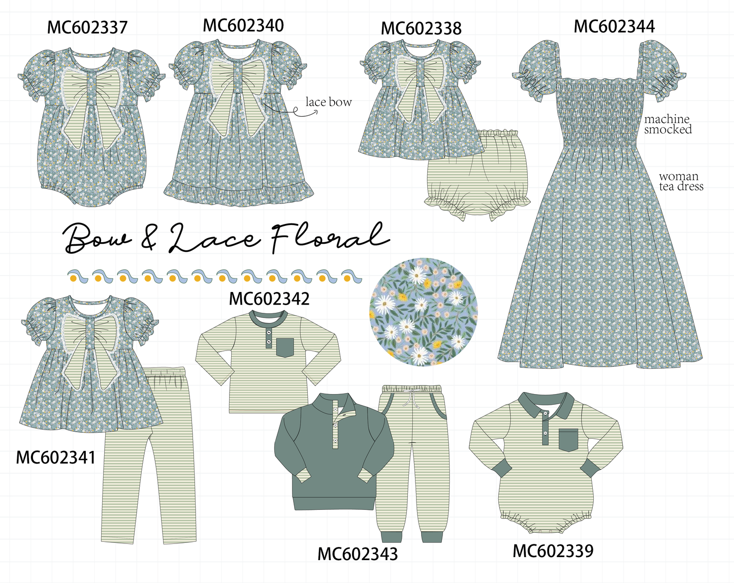 PO82 Teal floral lace bow stripe collection